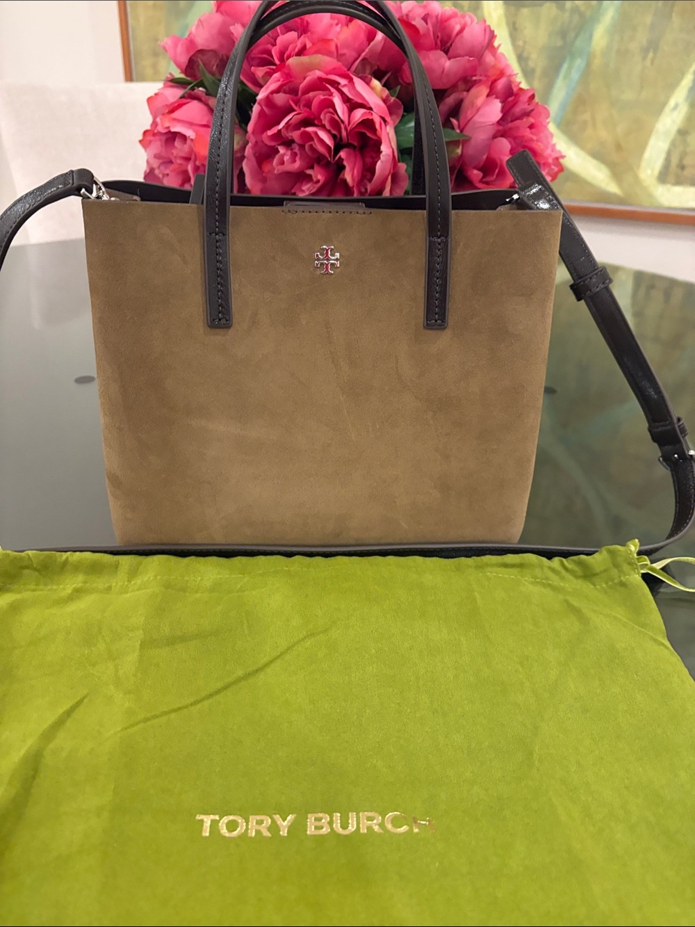 Tory Burch Blake Suede River Rock Crossbody Top Handle Tote